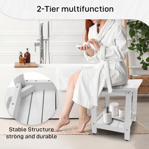 HDPS Shower Bench, Inside Shower Chair for Shaving Legs, Waterproof 2-Tier Bath Spa Shower Stool for Adults Sitting, Weather -Resistant No-Slip Indoor Outdoor Shower Seat, White