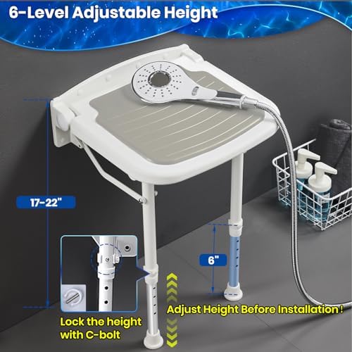 Wall Mounted Shower Seats with Bathroom Grab Bar, Support 550lbs, Adjustable Height Fold Down Shower Seat Wall Mounted, Folding Shower Bench Wall Mounted for Elderly-Adults-Pregnants-Seniors-Disabled