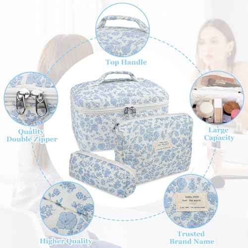Makeup Bag, Large Quilted Cosmetic Bag, Big Floral Make Up Bag for Women Girls, Cute Cotton Makeup Bag Set, Flower Travel Toiletry Organizer Bag (Blue Flower)