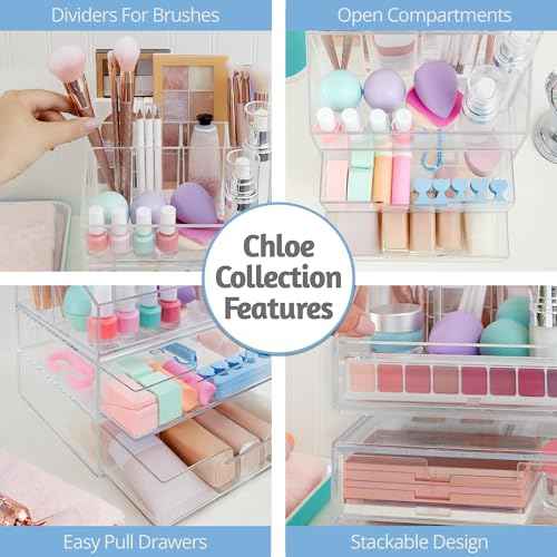 STORi Chloe Stackable Makeup Holder & Drawer Organizer Set, Clear, BPA-Free Plastic, Made in USA, Organize Brushes, Cosmetics & Beauty Essentials