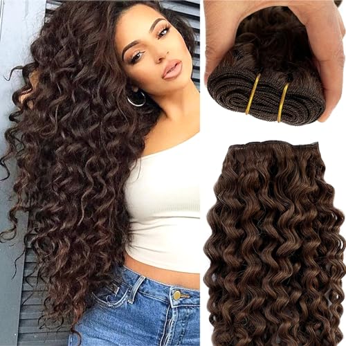 Curly Sew in Hair Extensions Real Human Hair, 22 Inch 120 Gram Chocolate Brown Deep Wave Weft Bundles Straight Silky Remy Hair Hand Tied Weft Extensions Brazilian Virgin Raw Hair Bundles for Women