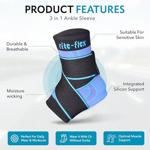3-in-1 Ankle Compression Sleeve with Silicone Heel Pad - Ankle Brace for Sprains, Foot Fatigue, Post Surgery, Plantar Fasciitis Relief & Support (1, Small)