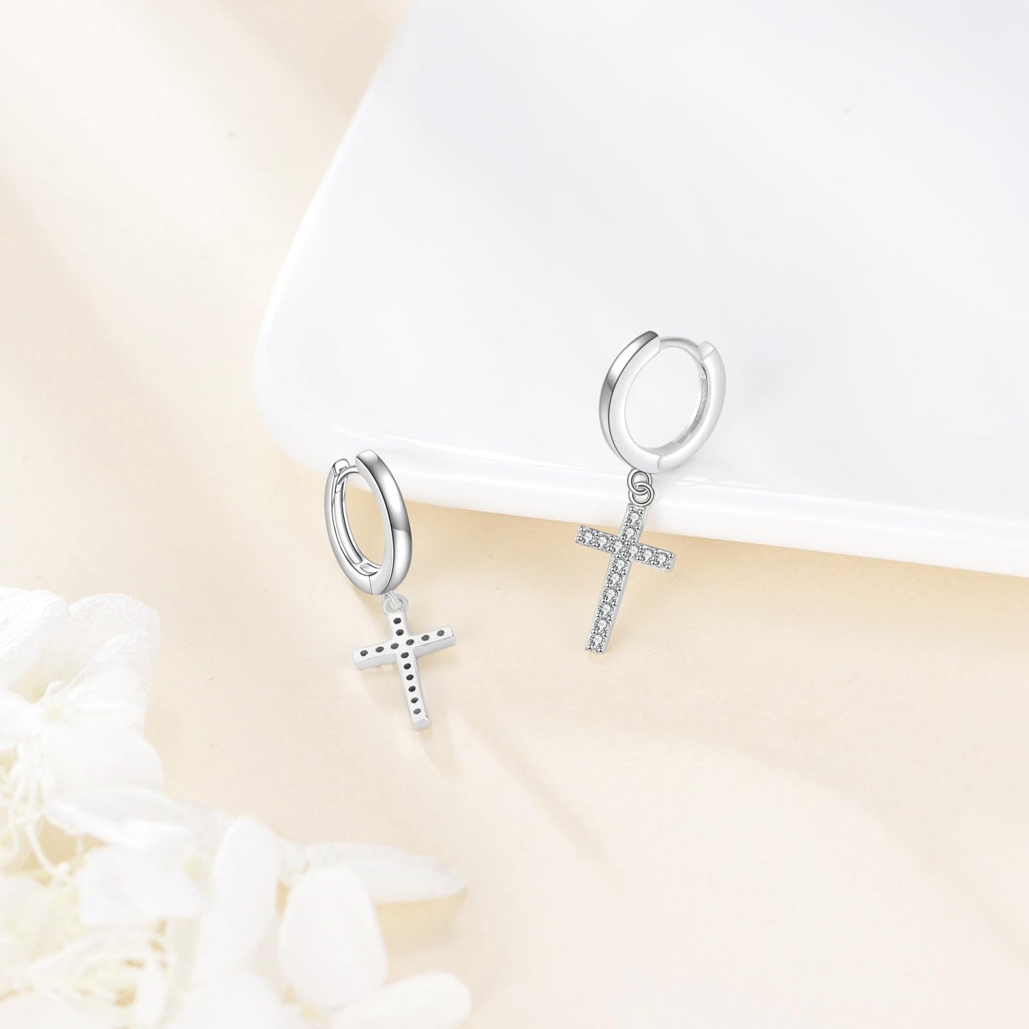 Hanging Cross Hoop Earrings Sterling Silver Diamond Cross Dangle Earrings Religious Jewelry Gifts for Women