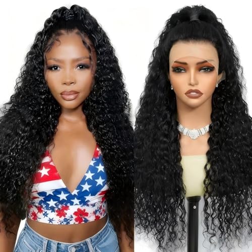 13x4 Glueless Lace Front Wet and Wavy Human Hair Wig 250% Density Natural Black 16 Inch
