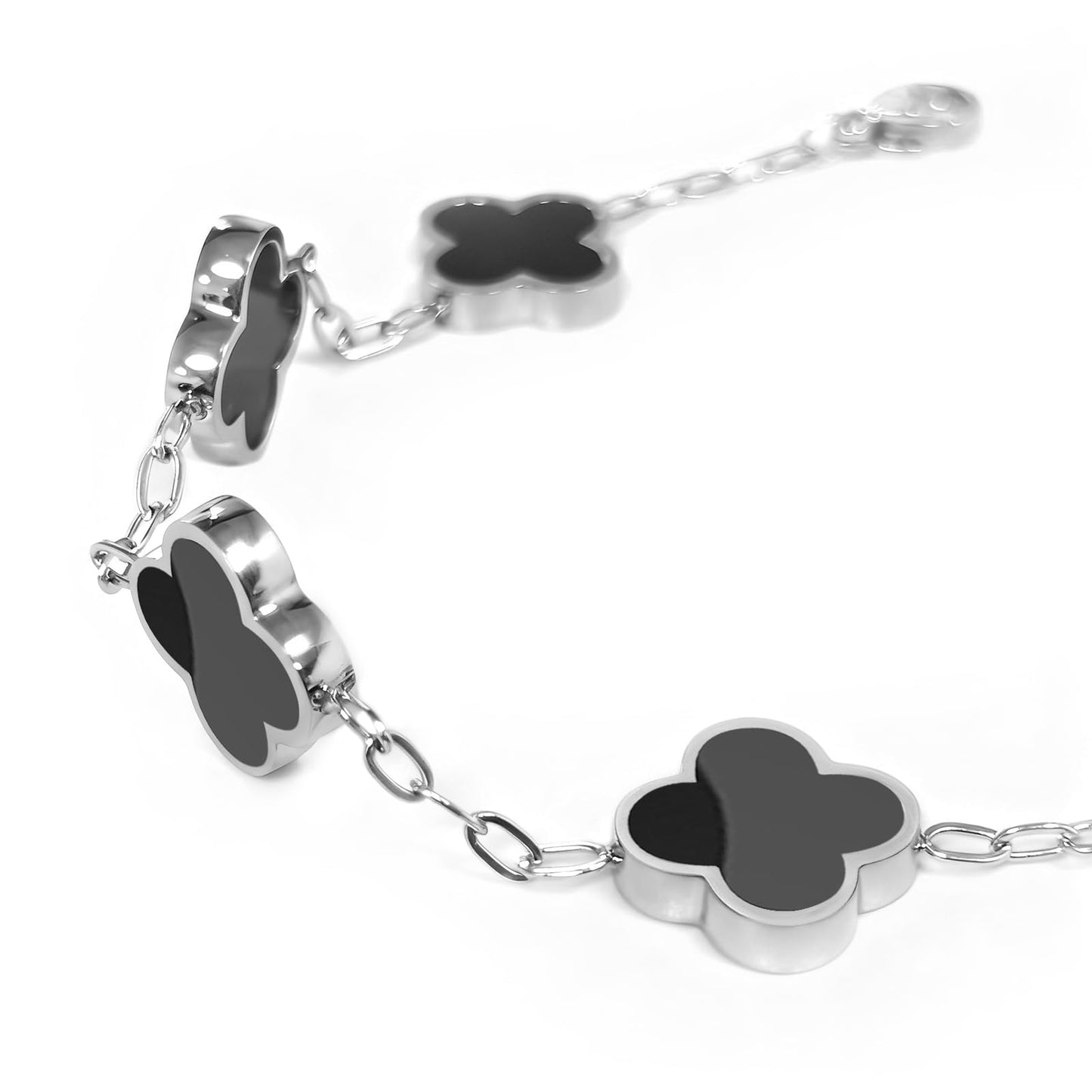 Aimétte Monette Silver Bracelets for Women, Four Leaf Clover Bracelet 2 Pcs, Silver Jewelry for Women, Black and White Flower Bracelet, Silver Jewelry Set