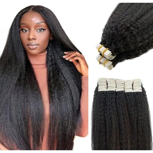 Black Tape in Extensions Real Human Hair 24 Inch Kinky Straight Tape in Hair Extensions Human Hair Black Women 40PCS 100G Invisible Natural Black Kinky Straight Human Hair Tape ins