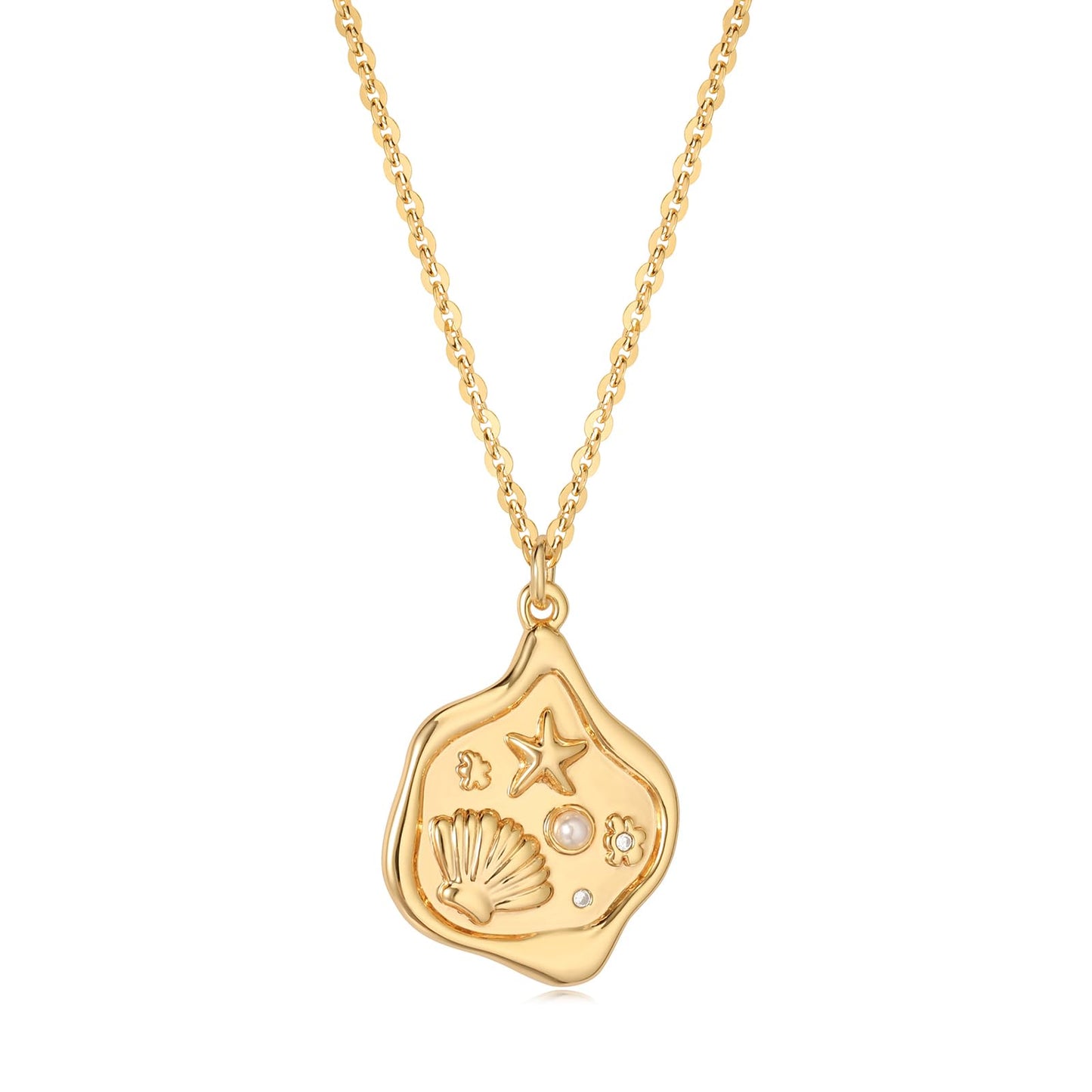 MEVECCO Dainty Gold Shell Starfish Pendent Necklace for Women 18K Gold Plated Beach Cute Starfish Pearl Necklace Irregularity Stamp Boho Handmade Ocean jewelry