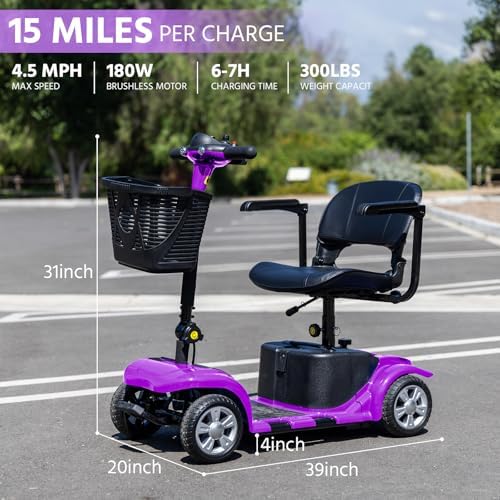 Mobility Scooter for Seniors, Adults, 4 Wheels Removable Electric Powered Chargeable Device, Foldable and Portable, with LED Headlights and Basket, Charger Include (Purple/Black)
