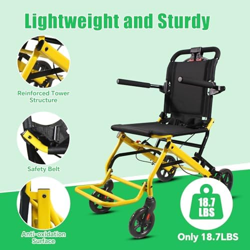 18lbs Ultra-Lightweight Transport Wheelchair for Adults & Elderly,220lbs Capacity,16.2" Seat,Portable Design for Travel & Home Use (Yellow)