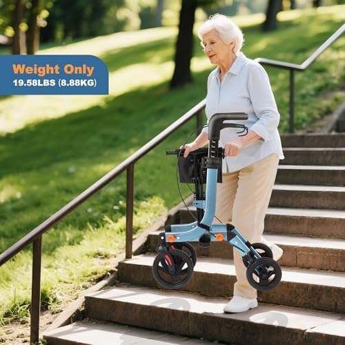 Lightweight Rollator Walker All-Terrain Foldable with seat and Adjustable Height backrest, 300 lbs Capacity, 10" Front & 8" Rear Wheels for Seniors, Adults, bariatric, Includes Cane Holders