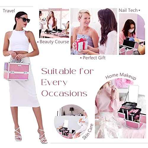 Joligrace Makeup Train Case Makeup Case Organizer Portable Cosmetic Box Storage with 2 Trays Mirror Locking Make Up Travel Case for Nail Kits Cosmetics Craft Traveling Makeup Box Mermaid Pink