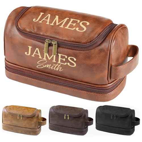 Personalized Leather Toiletry Bag for Men, Custom Gifts for Men Him, Engraved Monogrammed Travel Bag, Birthday Gifts forBoyfirends, Groomsmen, Dad, Son Husband Father's Day, Wedding, Anniversay