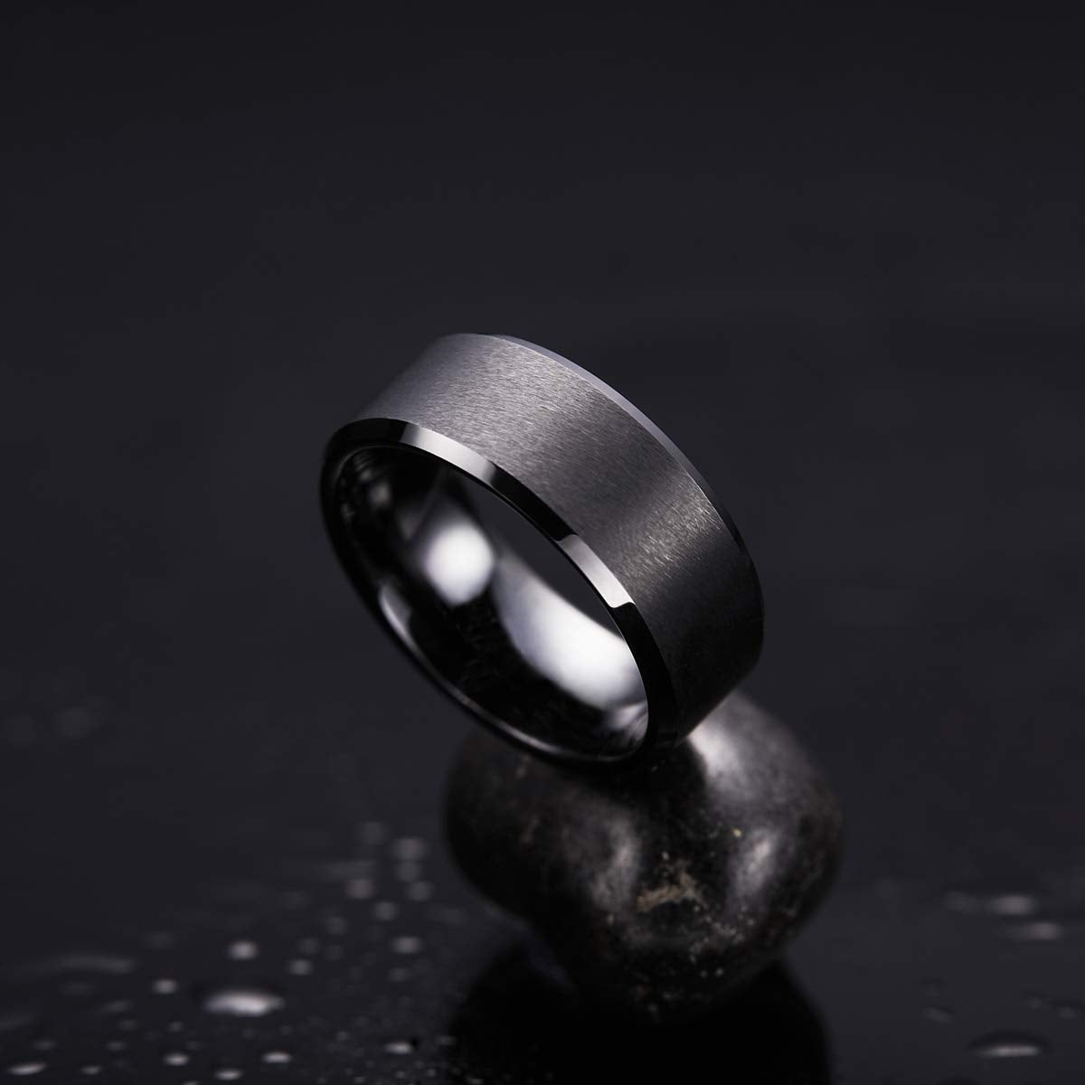 King Will 9mm Men's Black Wedding Ring - Brushed Matte Surface, Beveled Polished Edge, Comfort Fit Size 9