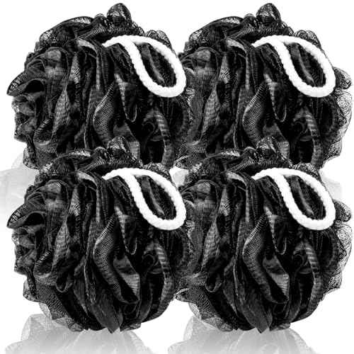 Loofah Sponge XXL-100g 4 Pack, Bath Sponge Soft Mesh Shower Puff Loofah for Men, Exfoliating Body Scrubber for Women, Shower Accessories (Black)