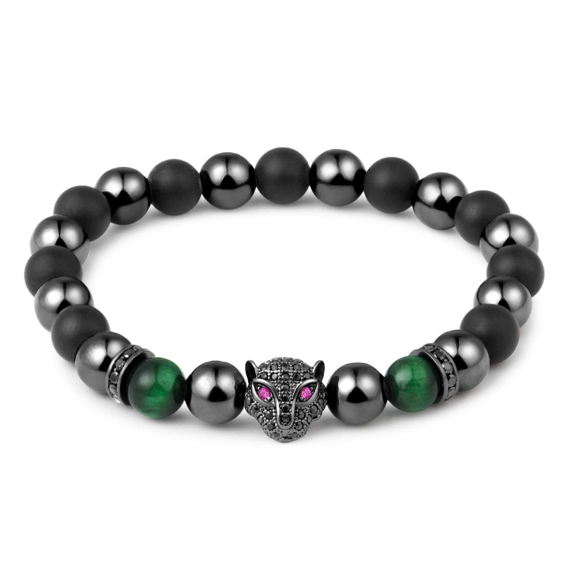 Karseer Black Panther Bracelet, Matte Onyx Natural Crystal and Magnetic Hematite Stone Beaded Elastic Bracelet, Handmade Semi-Precious Stone Jewelry Gift for Men and Women