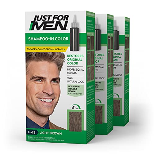 Just For Men Shampoo In Color, Hair Color for Men with Keratin and Vitamin E for Stronger Hair, Restores Natural Hair Color, Light Brown, H-25, Pack of 3