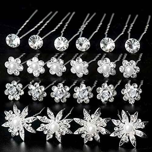 40 Pieces Bridal Hair Pins, Clips and Barrettes with Crystal Pearl Flowers, Women's Proms Hair Jewelry Accessories, Gift Stocking Stuffers for Girls