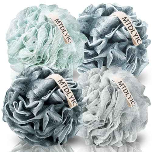 Loofah Sponge, XXL Large Loofah 100g 4 Pack, Bath Sponge Soft Mesh Shower Loofah for Men, Body Scrub, Shower Pouf Bath Accessories, for Body Wash, Soap (Blue Gray)