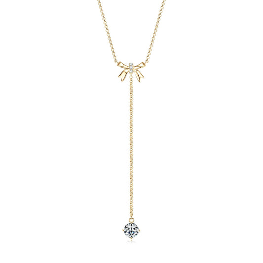 AINUOSHI Moissanite Bow Lariat Necklace for Women 14k Gold Plated 925 Sterling Silver Y-Shaped Linear Drop Chain Necklaces Dainty Long V-Neck Layered Necklaces Anniversary Birthday Gifts for Wife Her