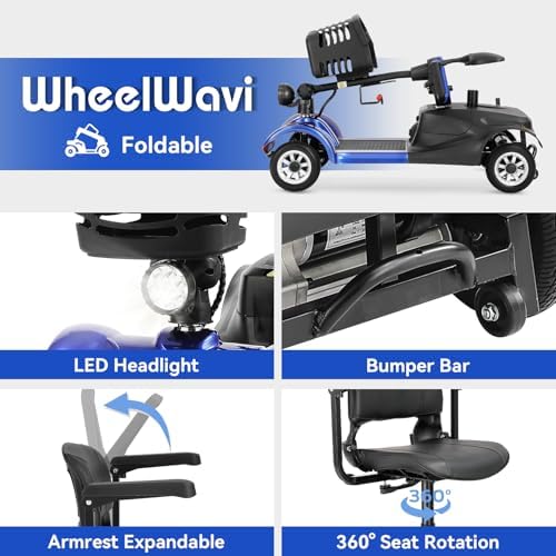 4-Wheel Mobility Scooter for Adults & Seniors - Heavy-Duty Compact Travel Scooter with Long-Lasting Battery, LED Lights, Basket & Portable Design (Blue)