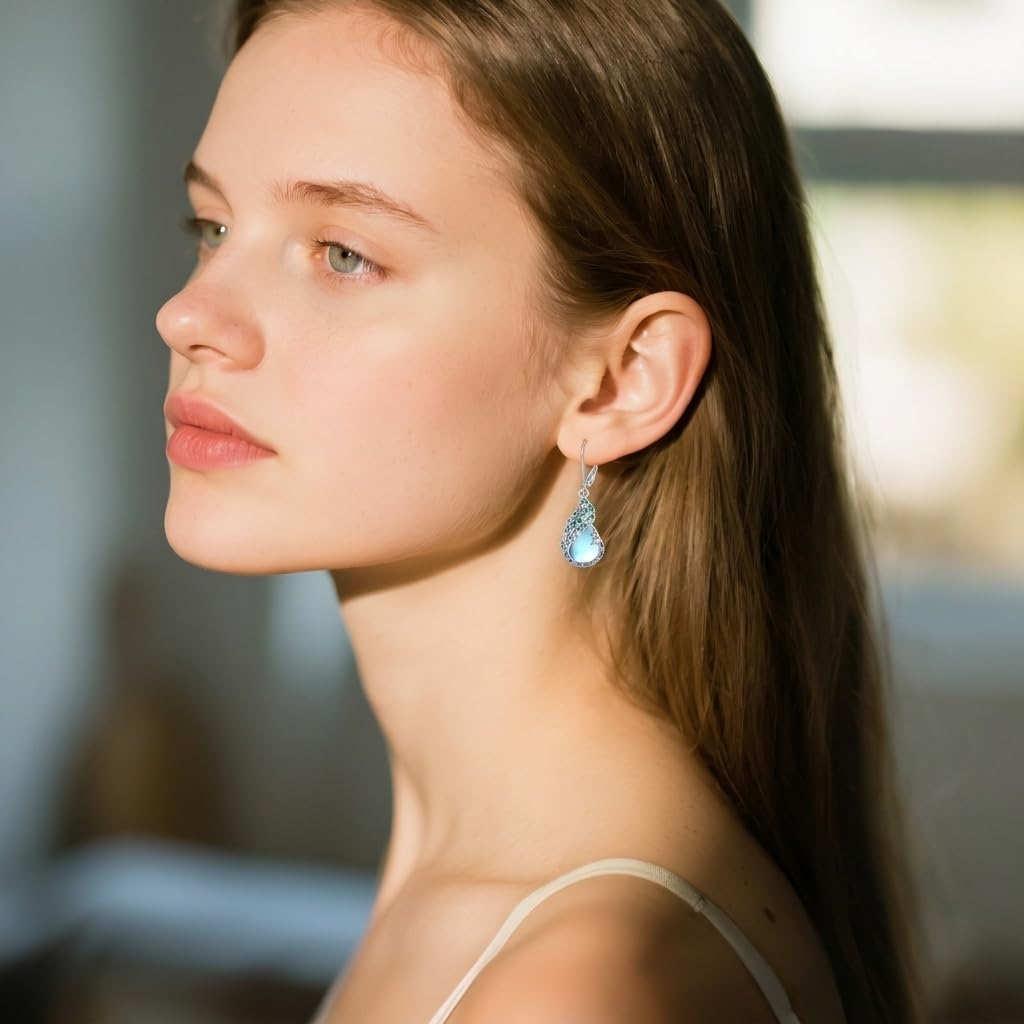 LUANIOL Peacock Earrings 18K White Gold Plated Moonstone Dangle Earrings Peacock Jewelry Gifts for Women