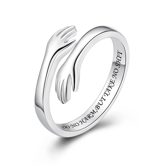 ACJFA Hug Rings for Women Sterling Silver Adjustable Ring for Women Daughter Hand Ring Jewelry for Birthday Gifts Holiday Gift for Teens(DO NO HARM,BUT TAKE NO SHIT)