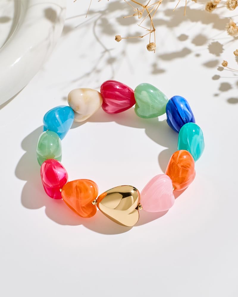 FAUTHENTICUTE Colorful Heart Bead Bracelet for Women with Chunky Gold Heart Charm Boho Beaded Stretch Bracelet Stack Chunky Rainbow Bead Strand Bracelets for Summer Beach Jewelry Gift