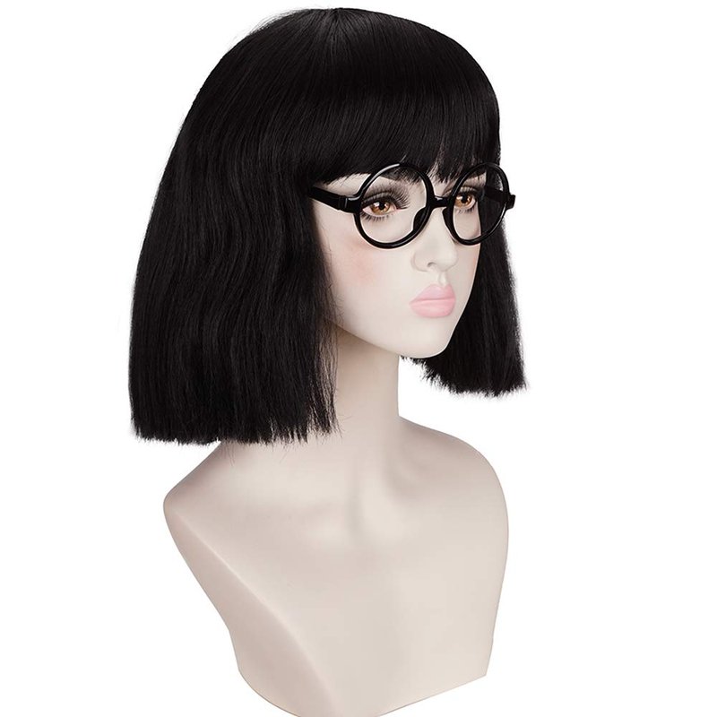 Black Medium Cosplay Wig with Cut Bangs for Women - Includes Glasses Frame