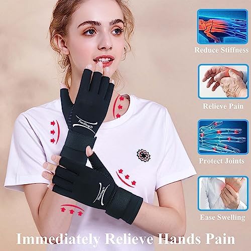 2 Pairs Copper Arthritis Gloves for Women Men, Fingerless Compression Gloves Relieve Hand Pain, Typing Gloves for Arthritis, Carpal Tunnel, Tendonitis, RSI with Adjustable Wrist Strap (Small/Medium)