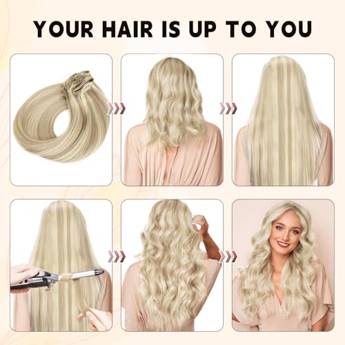 Sassina Clip in Human Hair Extensions 18 Inch Double Skin Weft Clip ins Hair Extensions Golden Blonde to Medium Blonde Invisible Natural Straight Human Hair Full Head 8 Pcs 120 Grams #P16/22