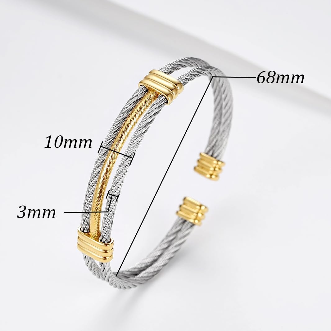 LXBQYSTO Cable Wire Twisted Cuff Bangle Bracelet For Women 14K Gold/rose/silver Stainless Steel Jewelry for Women Gift (Cuff-Silver&Gold)