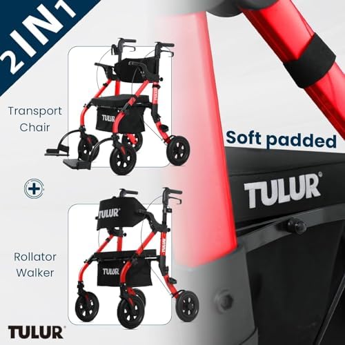 Rollator Walkers with Seat - 【Ultra-Compact】 All Terrain Rollator for Short People, Compact Walker for Seniors, 4 Wheels, Pre-Assembled (Bright Red)