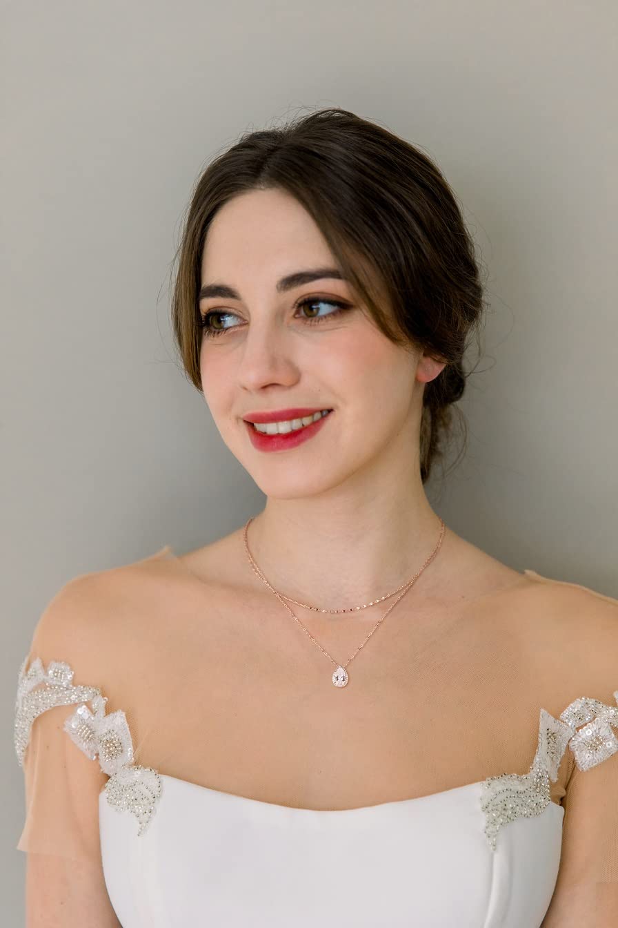 SWEETV Teardrop Wedding Back Necklace for Bride Bridesmaids, Rose Gold Cubic Zirconia Simple Back Pendant Bridal Necklace for Wedding Party