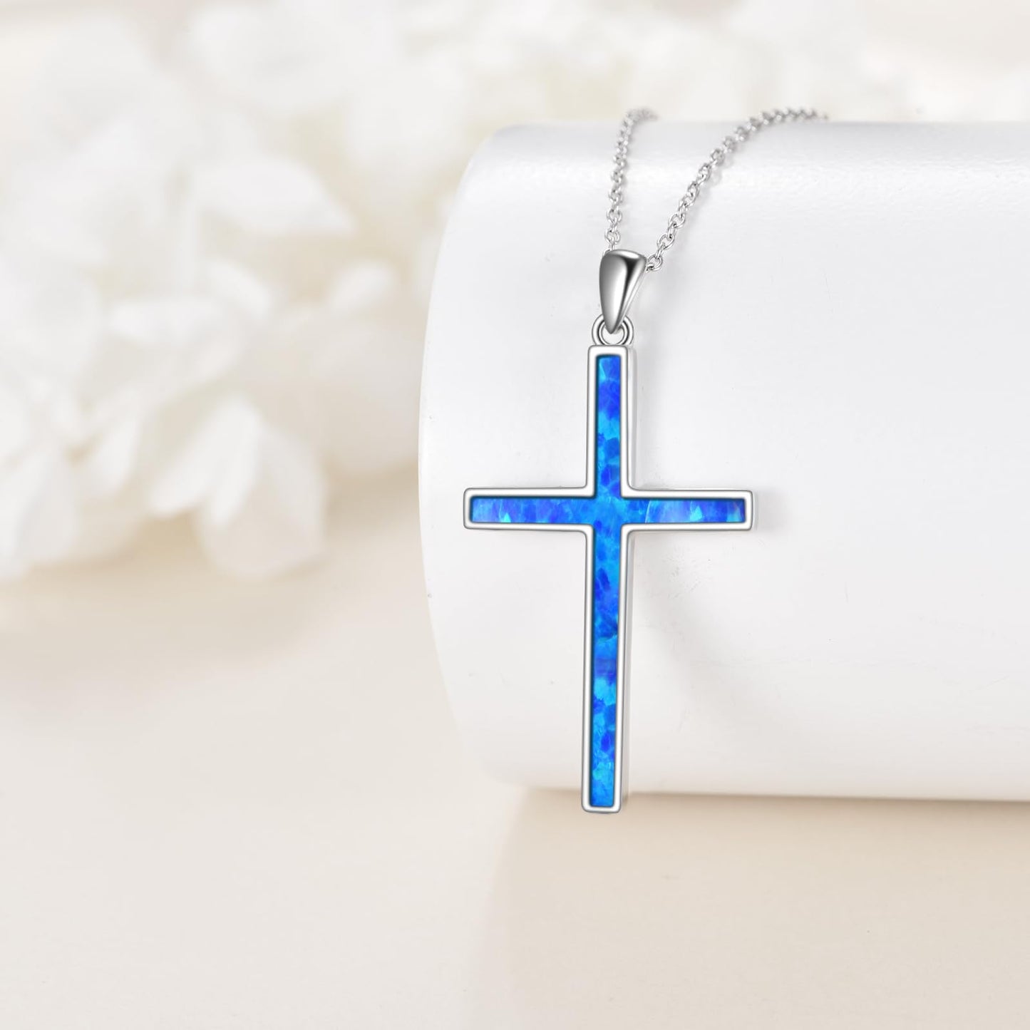 YFN I Can Do All Things Cross Necklace Sterling Silver Blue Opal Cross Pendant Thin Cross Jewelry Gifts for Women Men