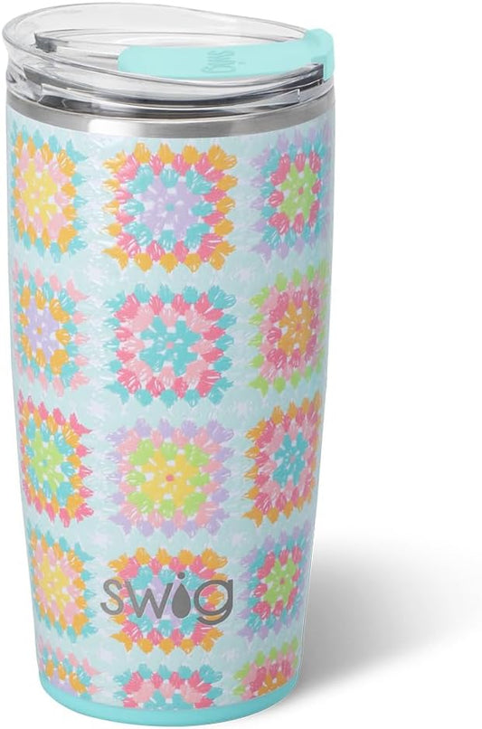 Swig Life 22oz Insulated Tumbler, Travel Coffee Tumbler with Lid, Cup Holder Friendly Travel Coffee Mug, Stainless Steel, 22 oz Tumblers, Reusable Insulated Mug with Lid (Granny Squares)