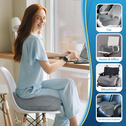 BlissTrends Seat Cushion,Thick Memory Foam Cushions for Office Chair, Car Seat, Airplane, Relieving Pressure Tailbone Sciatica Back Pain for Office Workers, Car Drivers 4.7in Thick LightGrey