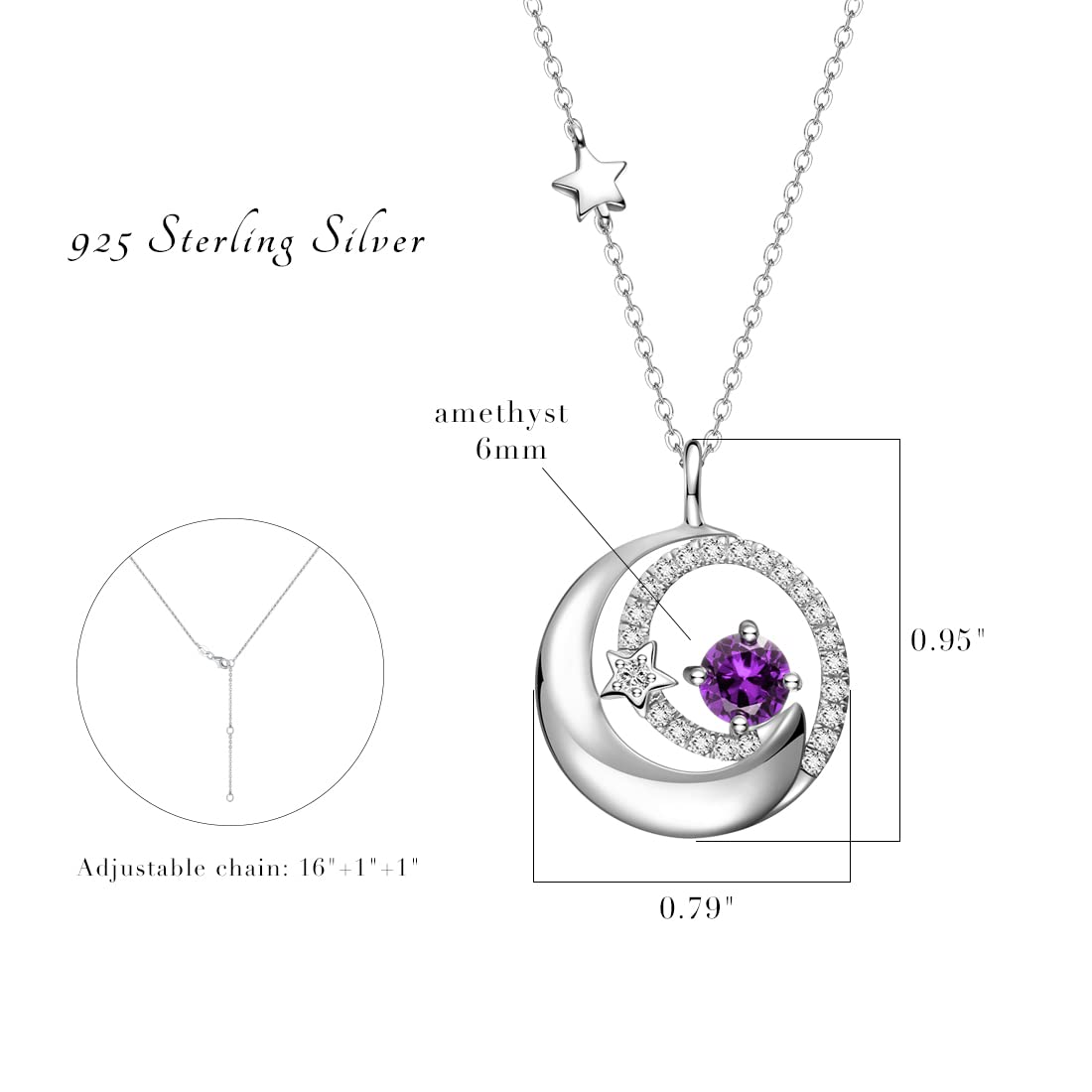 FANCIME 925 Sterling Silver February Birthstone Amethyst Necklace Moon Star Pendant Purple Gemstone Jewelry Birthday Anniversary Mothers Day Gifts for Women Daughter