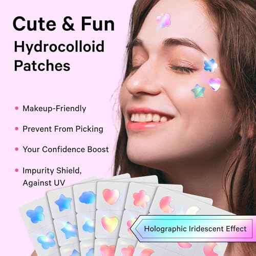 Sosky Hologram Pimple Patches for Face, Hydrocolloid Acne Patches with Salicylic Acid, Cute Star Zit Stickers,Colorful Blemish Covers,48 Count Pink Moon Flower