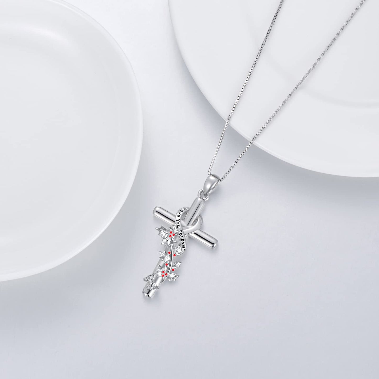 Flpruy December Birth Flower Necklace 925 Sterling Silver Holly Floral Pendant Cross Necklace Birthday Jewelry Gifts for Women Her Mom