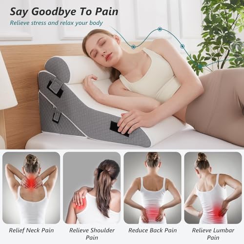 Bed Wedge Pillow Set for Sleeping 3 PCS - 16.5" Wide Triangle Pillow for Back Leg Pain Relief with Washable Cover - 35D Foam Wedge Pillow Post Surgery for Acid Reflux & Snoring (White Grey)