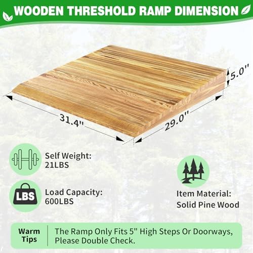 Wooden Threshold Ramp for Home Steps, 5" Rise Doorway Ramp with Non-Slip Grooves, Door Ramp for Wheelchair/Walker/Cart/Scooter, (31.4 W*5.0" H, Solid Pine Wood, 600LBS Capacity)