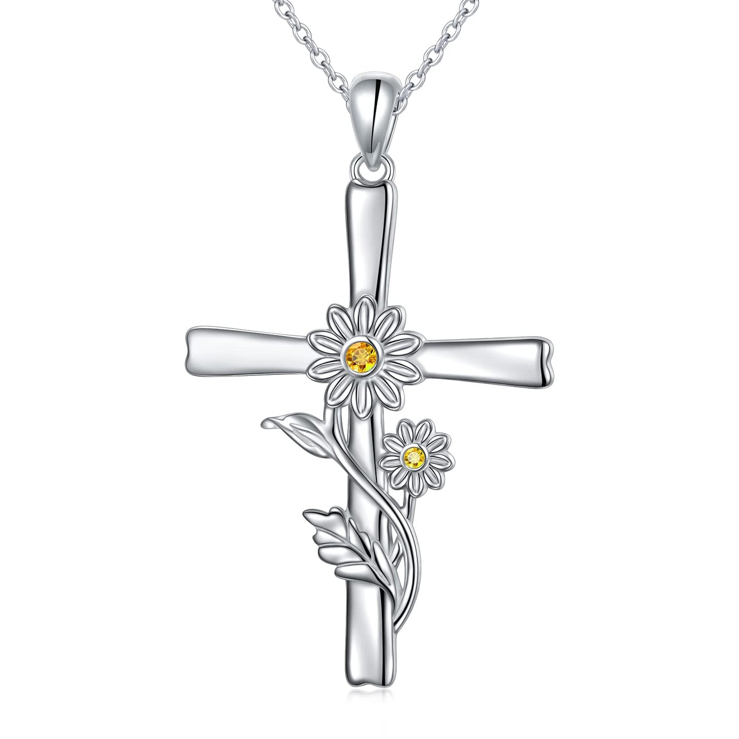 HOOHWE Daisy Cross Necklace, 925 Sterling Silver Cross Necklace Dainty White Daisy Flower Pendant Necklace Birth Month Flower Jewelry Anniversary Birthday Gifts for Women Sister Daughter Mom Wife
