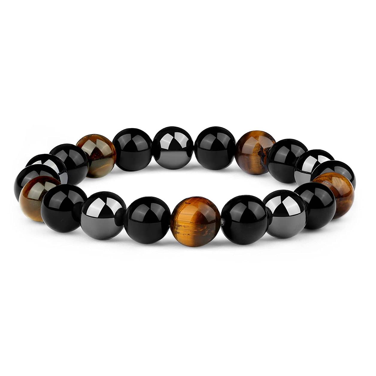 Triple Protection Bracelet for Men Women | Black Tourmaline Obsidian Hematite 8mm Beaded Bracelet | Anxiety Relief Chakra Healing Gemstone Crystal Gift