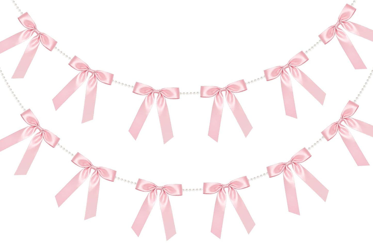 2 Strings Pink Bow Garland Banner, Pre-Strung Satin Ribbon with 6.5ft Pearl Chain for Coquette Birthday, Bridal Shower, Bachelorette Party, Baby Shower, Engagement, Graduation & Anniversary Decor