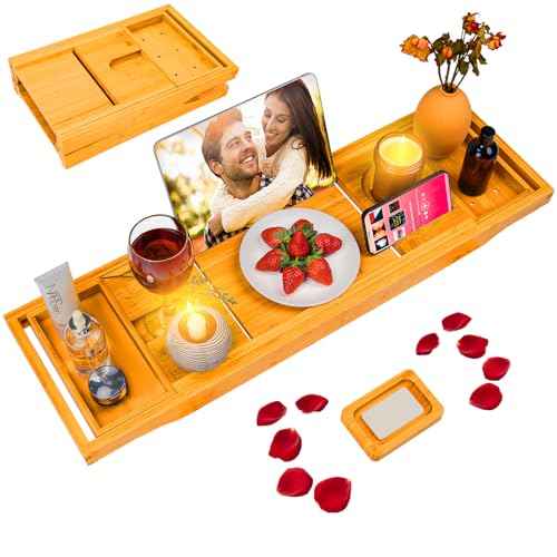 Foldable Bathtub Caddy Tray, Bamboo Bath Tub Tray Table for Tub with Wine Glass Holder Book Phone Tablet Holder with Extending Sides, Adjustable Bathroom Bathtub Free Soap Holder Gift Idea (Beige)