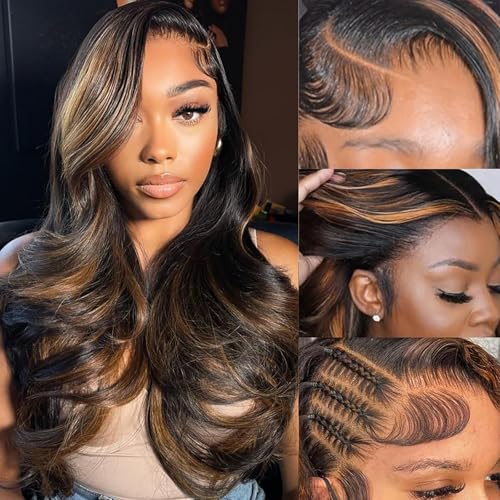 IDHERE 22 Inch Ombre Lace Front Wig Human Hair Pre Plucked 1B/30 Highlight 13x4 Lace Front Wigs Human Hair 180% Density Body Wave Colored Wigs Brown Glueless HD Lace Frontal Wigs for Women