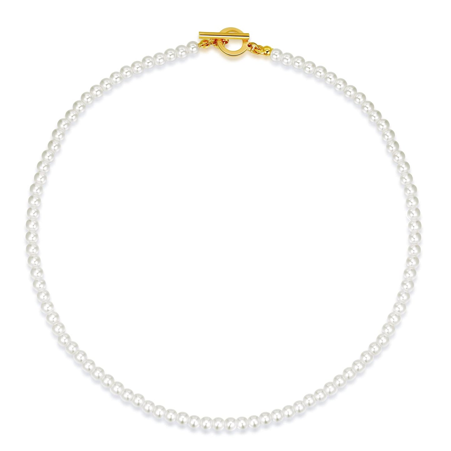 Luxval Pearl Necklaces for Women, 4MM Cream White Pearl Jewelry, 14K Gold Plated Handmade Dainty Toggle Clasp Necklace for Women Jewelry Gifts, 14"