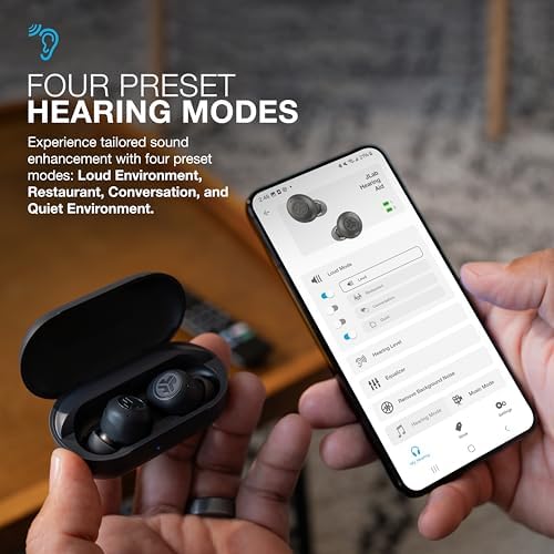 JLab Hear OTC Hearing Aid & Earbuds, Cloud White, Traditional Earbud Fit, Four Preset Hearing Modes, in-Ear Detection and Built-in Feedback Suppression, Independent Volume Control and Touch Controls