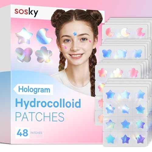 Sosky Hologram Pimple Patches for Face, Hydrocolloid Acne Patches with Salicylic Acid, Cute Star Zit Stickers,Colorful Blemish Covers,48 Count Blue Pink Star Moon Butterfly Flower