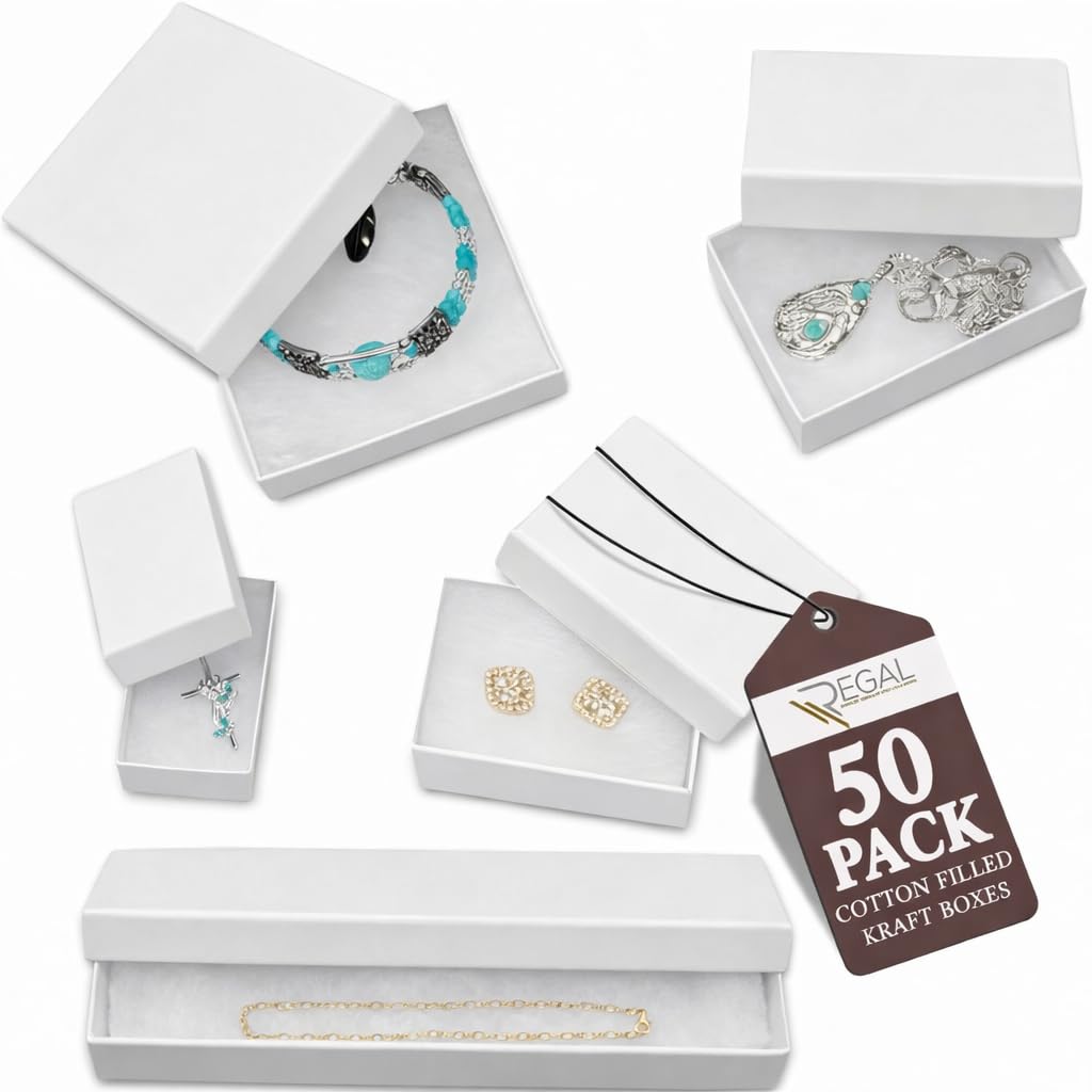 RJ Displays 50 pack Assorted Size White Paper Cardboard Cotton Filled Jewelry Gift Box for Ring, Earring, Charm, Pendant, Necklace, Bracelet, Bangle, Anklet, Belt Buckle, Brooch, and Watch